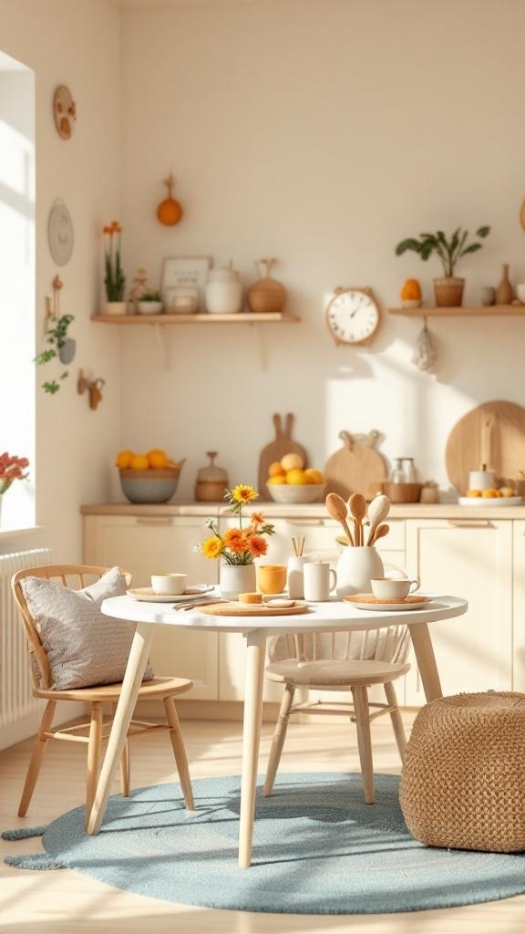 A cozy family-friendly kitchen table setup with a round table, wooden chairs, and cheerful decor.
