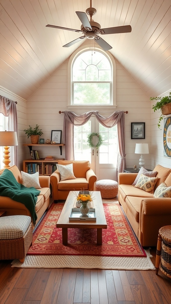 A cozy cottage living room with soft seating, playful decor, and a warm atmosphere.