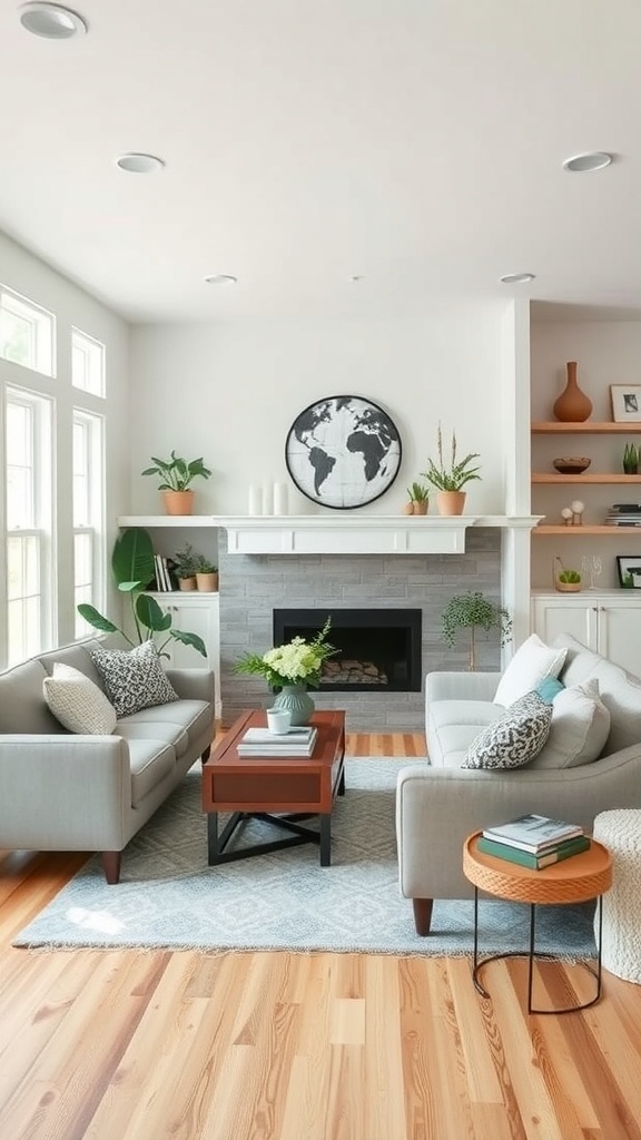 Cozy modern farmhouse living room with light colors and natural elements.