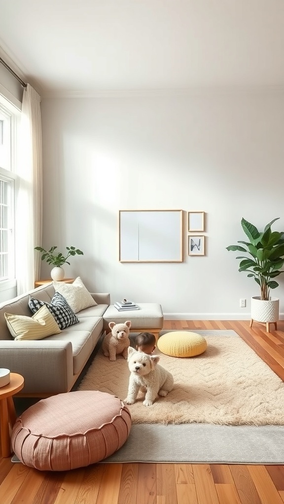 A cozy country farmhouse living room with a child and two dogs on a plush rug.
