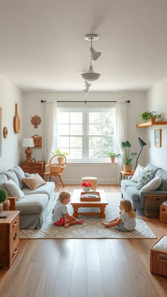A cozy living room with children playing on the floor, featuring soft furniture and warm decor.