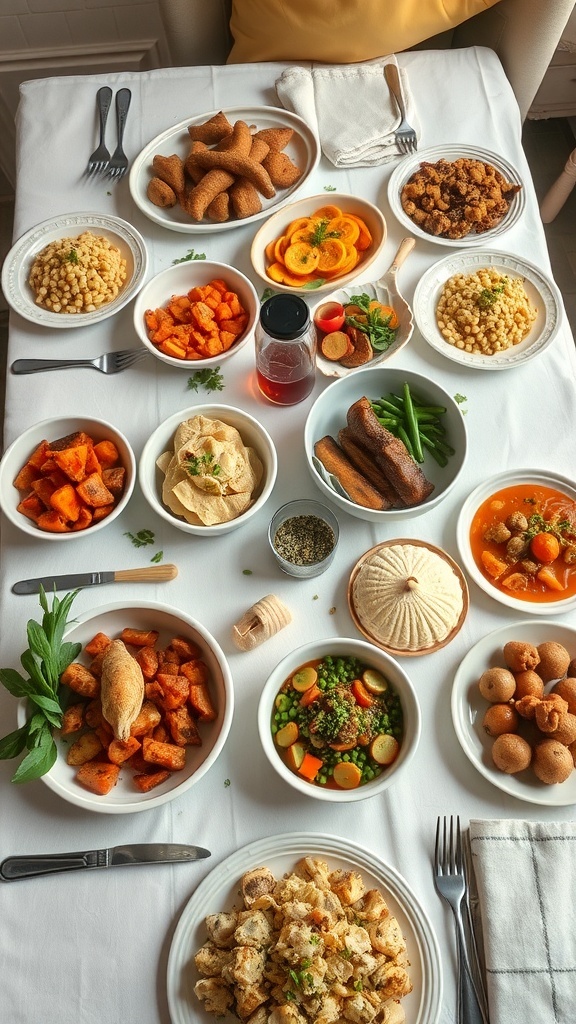 A beautifully arranged dining table with various family-style dishes for sharing.