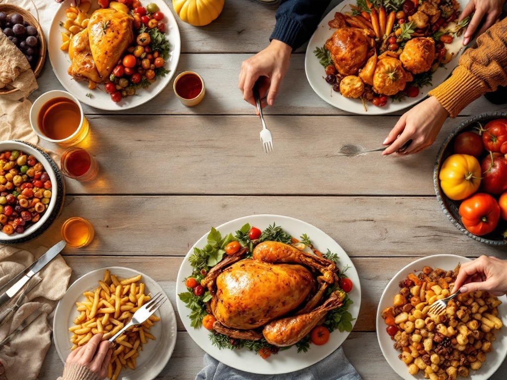 A Thanksgiving table with a roasted turkey and various side dishes, showcasing a family-style serving platter display.