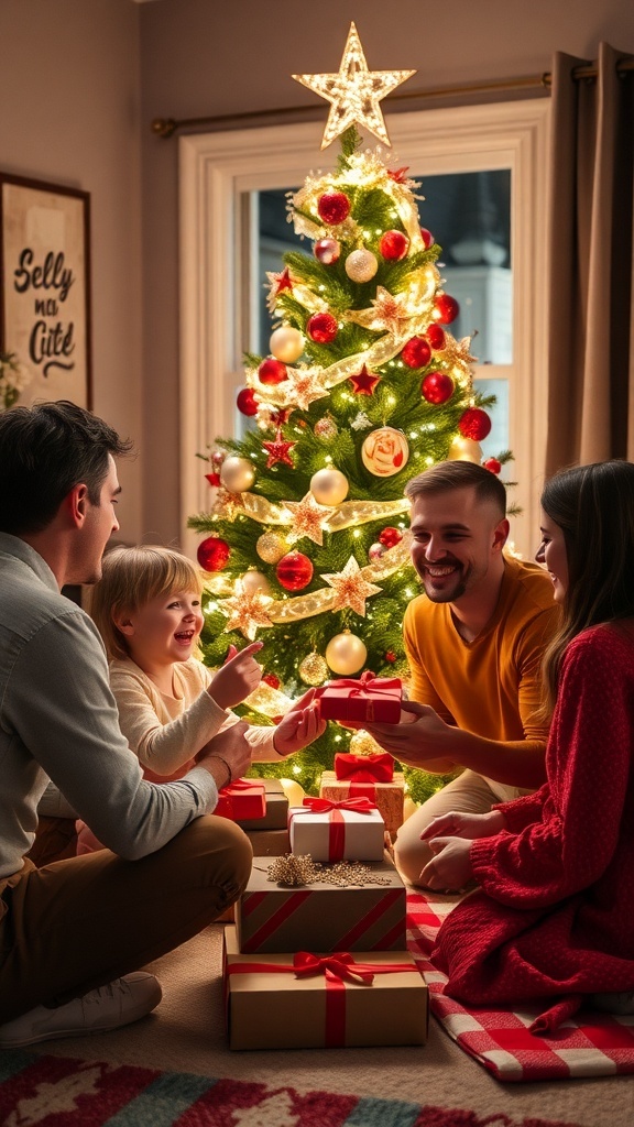 A family joyfully gathering around a beautifully decorated Christmas tree, sharing gifts and smiles.