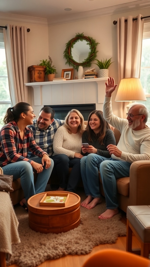 A cozy living room with family members laughing and enjoying each other's company.