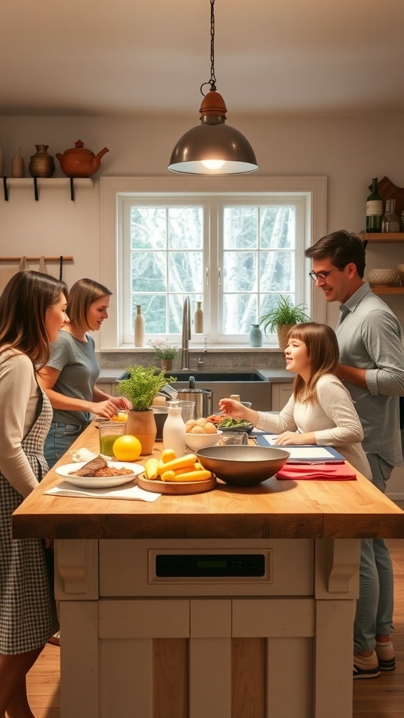 A family gathered around a kitchen island, cooking and enjoying each other's company.