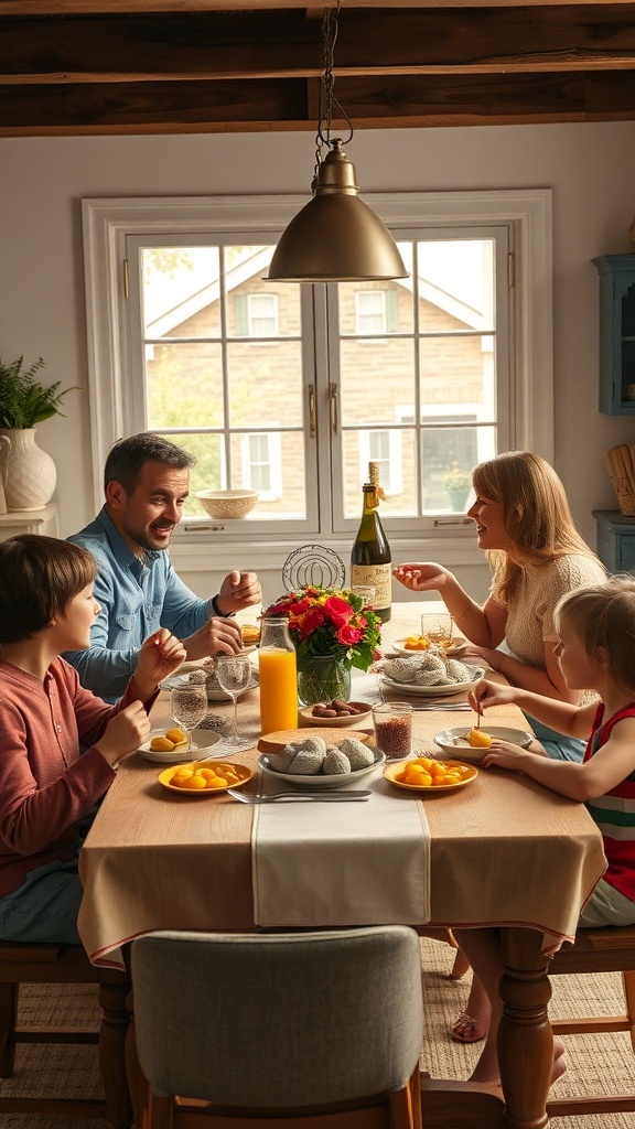 A family enjoying a meal together at a farmhouse kitchen table.