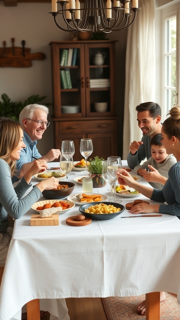 A family enjoying a meal together at a modern farmhouse dining table.