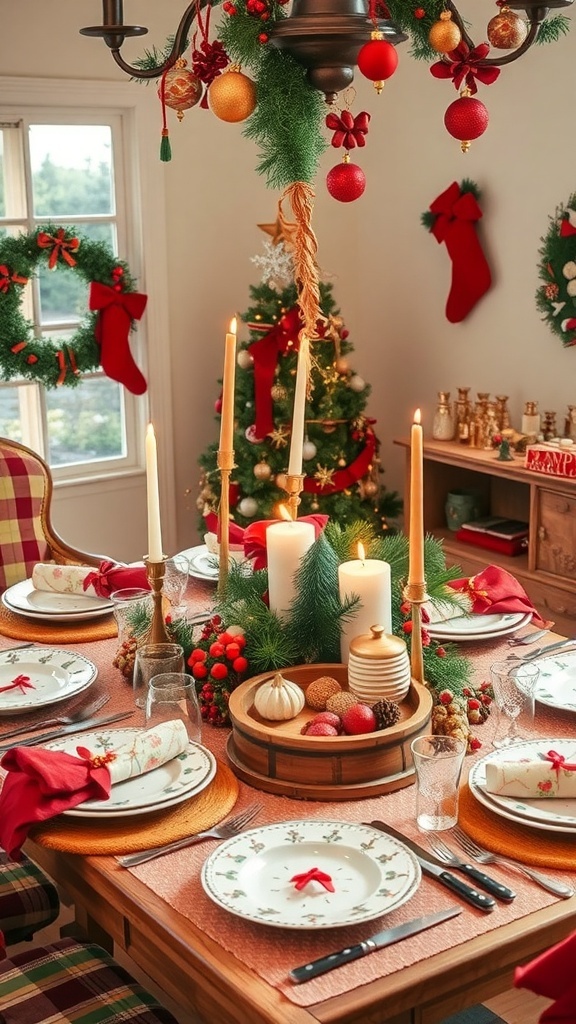 A beautifully decorated Christmas table with festive elements.
