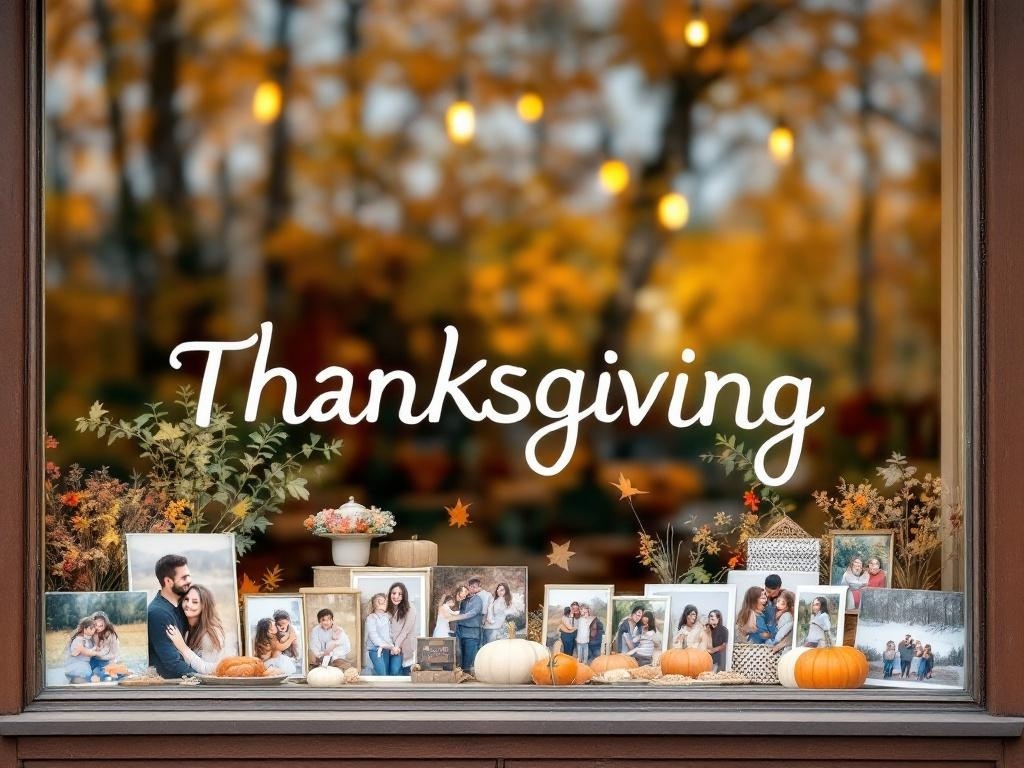 Thanksgiving window display featuring a collage of family photos and seasonal decorations.