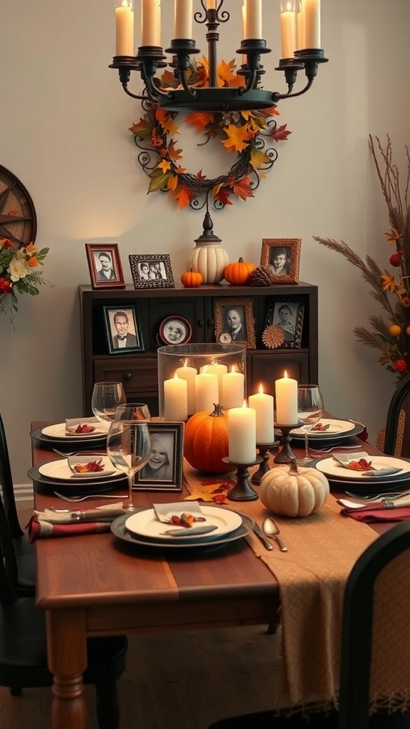 Thanksgiving table with family photos, candles, and autumn decorations.