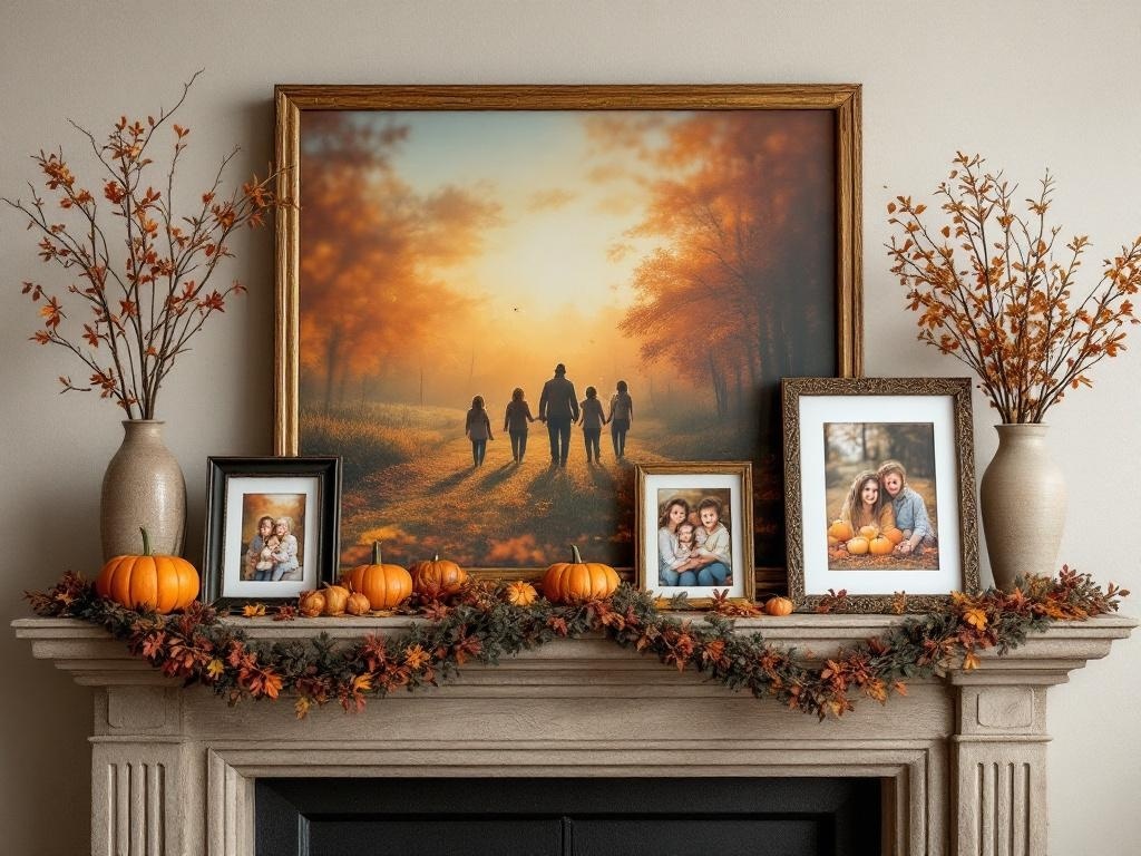 A beautifully decorated mantel with family photos, pumpkins, and autumn foliage.