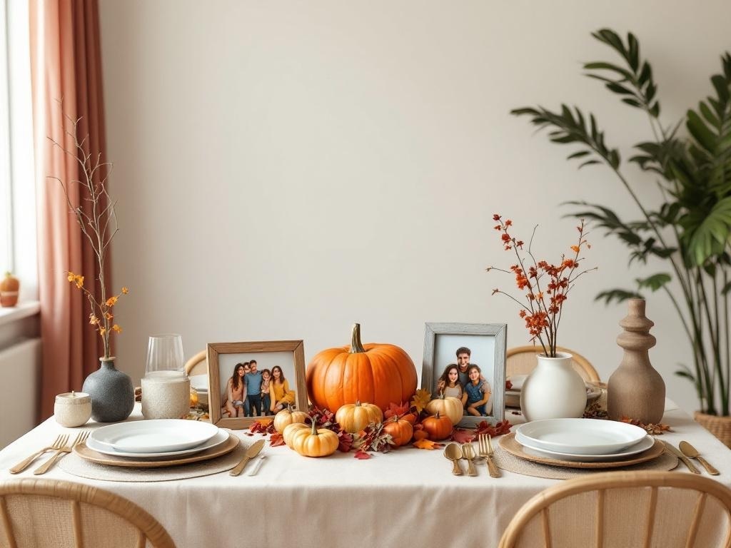 Thanksgiving table with family photos, pumpkins, and autumn decorations