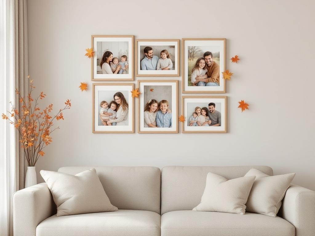 A cozy living room with a family photo display on the wall, featuring autumn leaves and a comfortable couch.