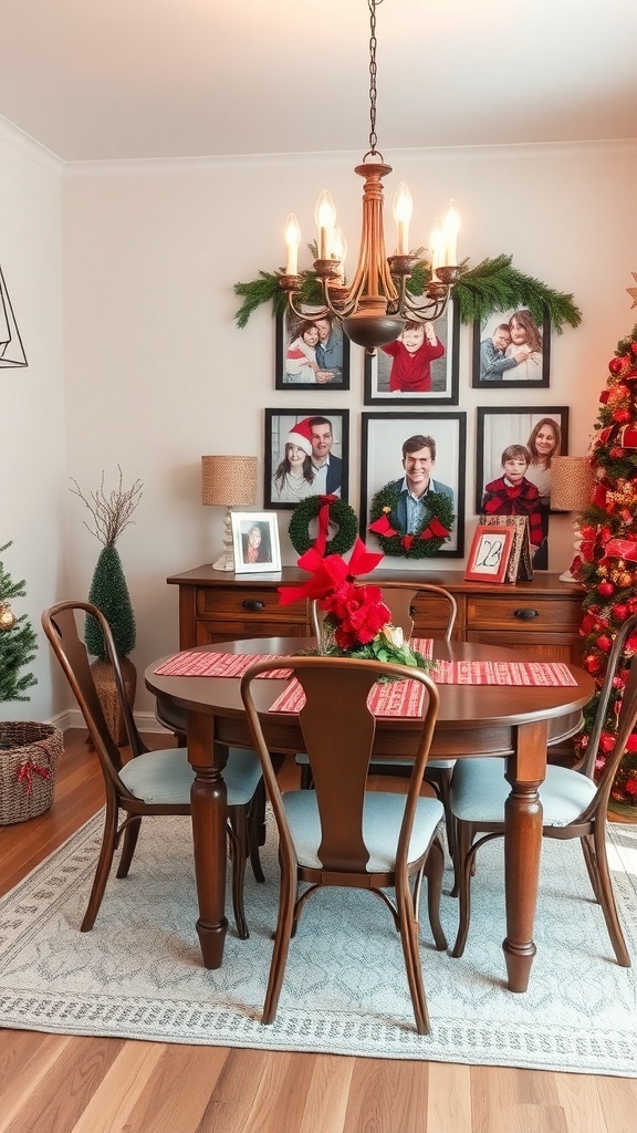 A cozy dining room decorated for Christmas with family photos on the wall.