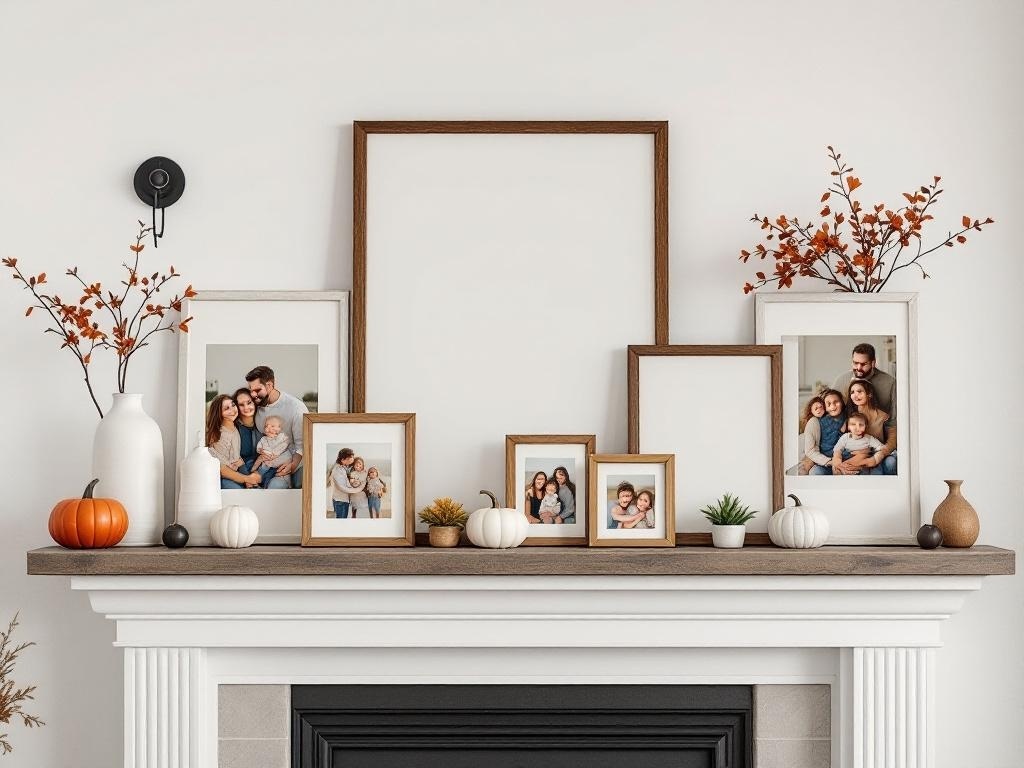 A fireplace mantel decorated with family photo frames and fall accents like pumpkins and autumn branches.