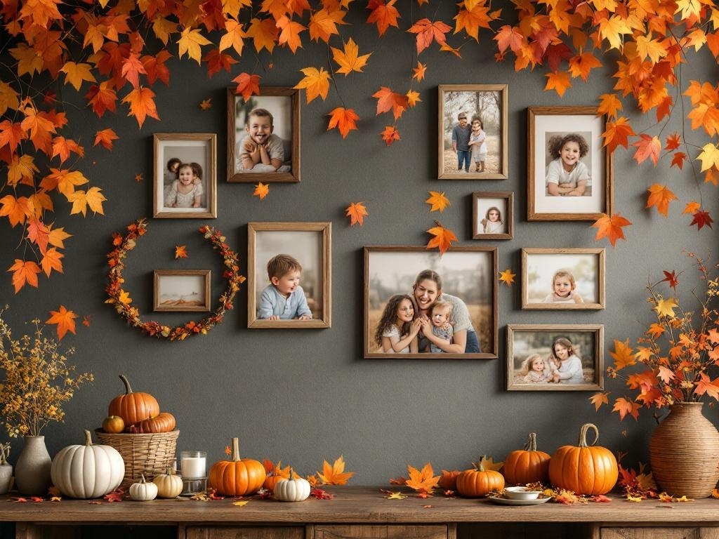 A family photo wall decorated with autumn leaves and pumpkins for Thanksgiving.