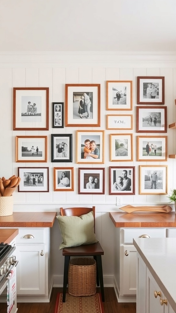 A gallery wall of family photos in a cottage farmhouse kitchen.