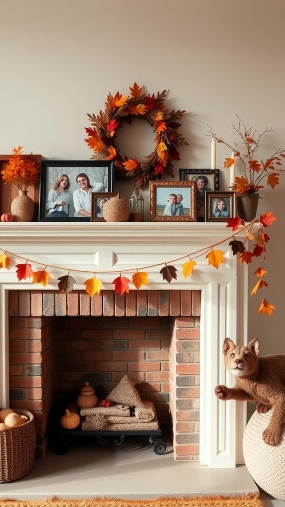 A cozy fireplace mantle decorated with family photos, autumn leaves, and pumpkins.