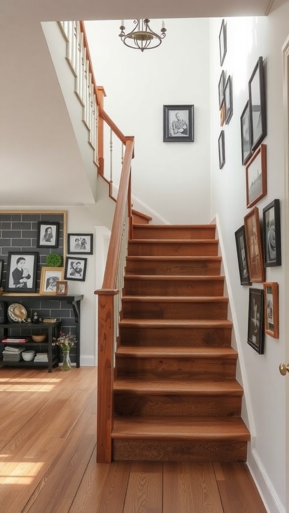 A rustic staircase with family photos framed on the walls.