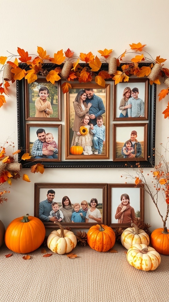 Family photos displayed with fall decorations including pumpkins and autumn leaves.