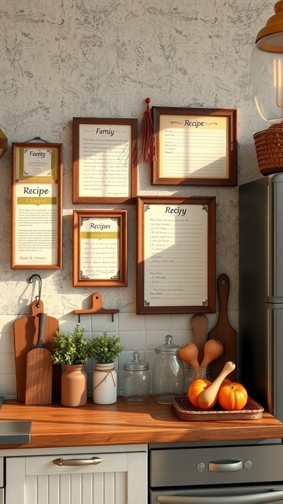 Framed family recipes displayed on a kitchen wall