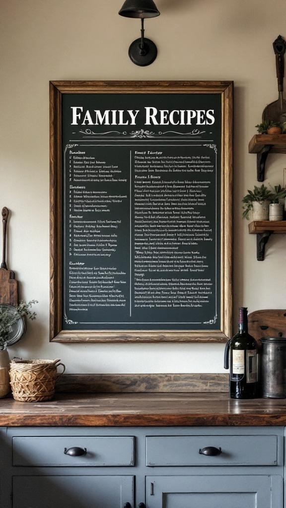 A chalkboard displaying family recipes in a farmhouse kitchen setting.
