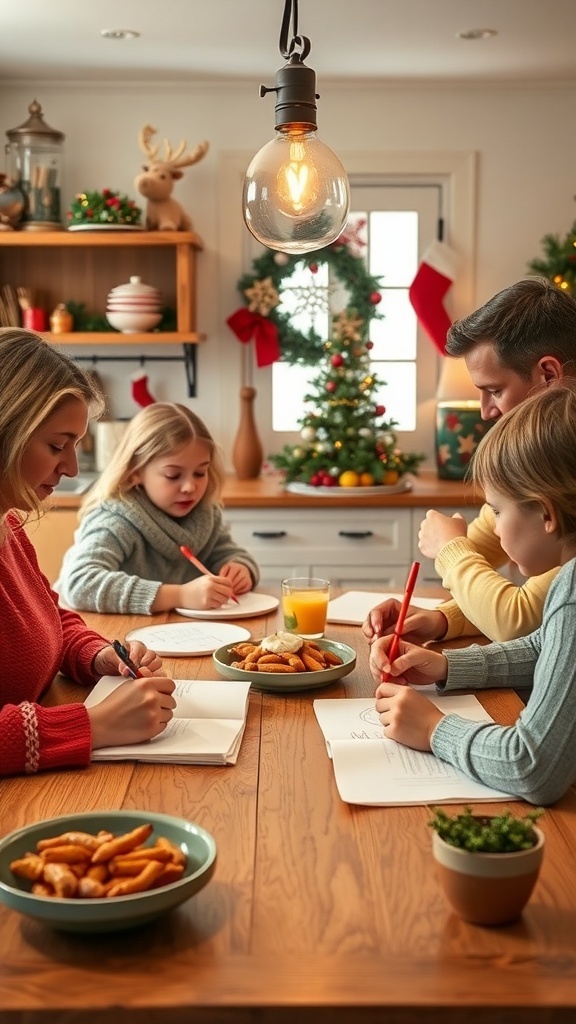 A family gathered around a table in a cozy kitchen, writing down recipes together during the Christmas season.