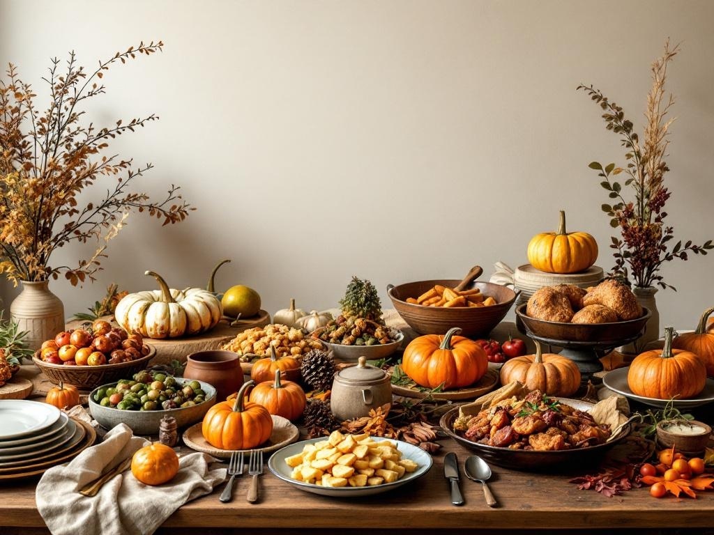 A beautifully arranged Thanksgiving table with various traditional dishes, pumpkins, and autumn decorations.