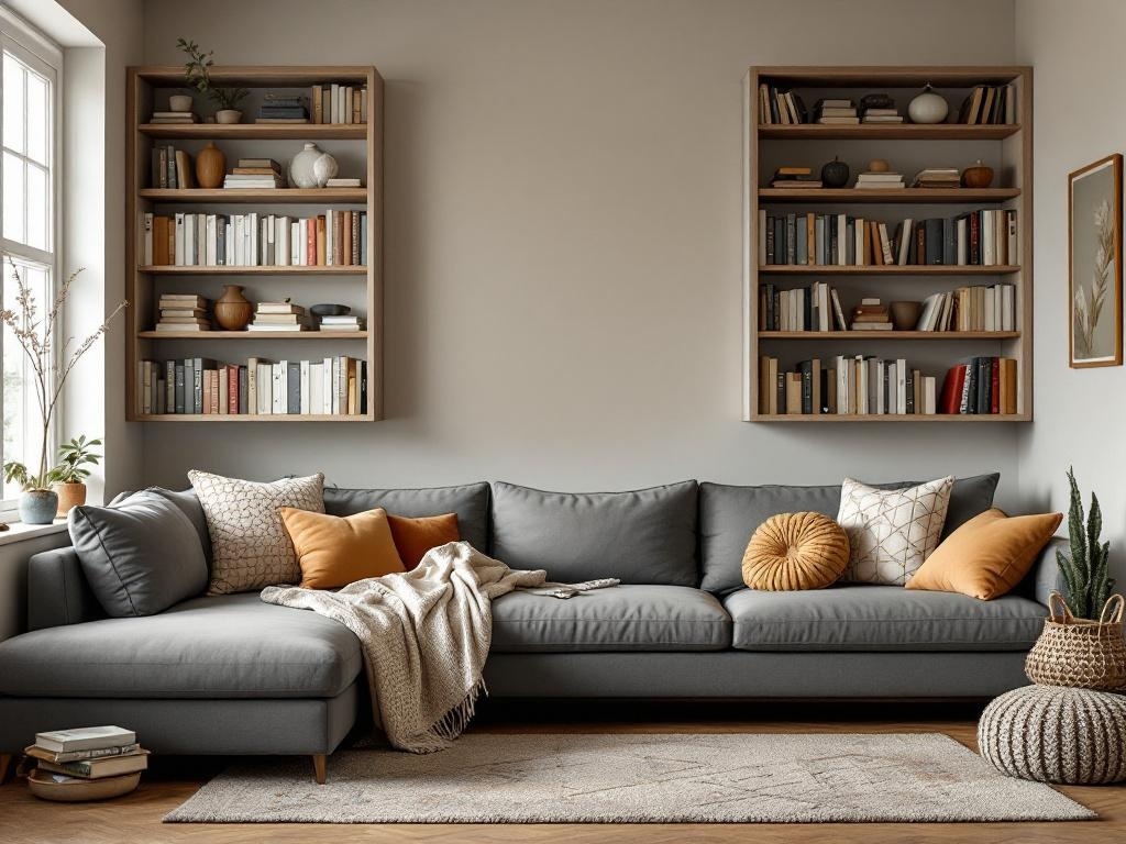 Cozy family room reading alcove with a gray sofa, decorative pillows, and bookshelves filled with books.