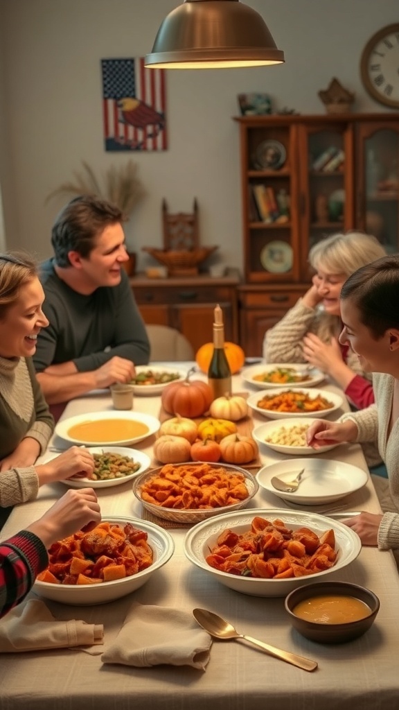 A family gathered around a table filled with fall dishes, pumpkins, and warm smiles.