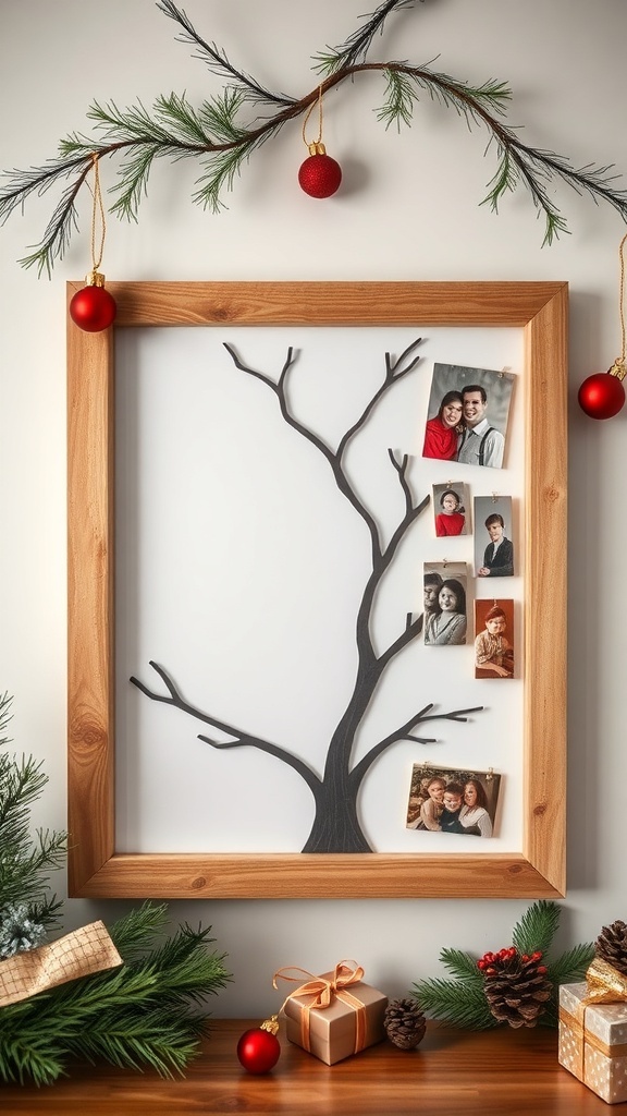 A family tree picture frame decorated with holiday ornaments and photos.