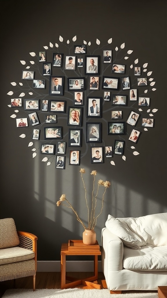 A family tree wall design featuring framed photos arranged in the shape of a tree on a dark wall.