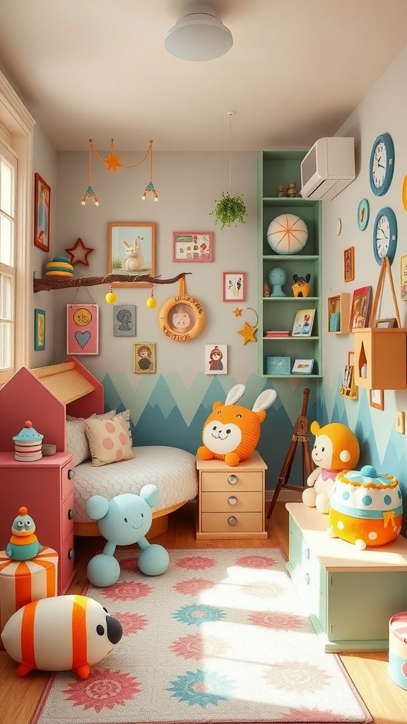 A colorful fantasy-themed bedroom nook for kids with playful decor and cozy seating.