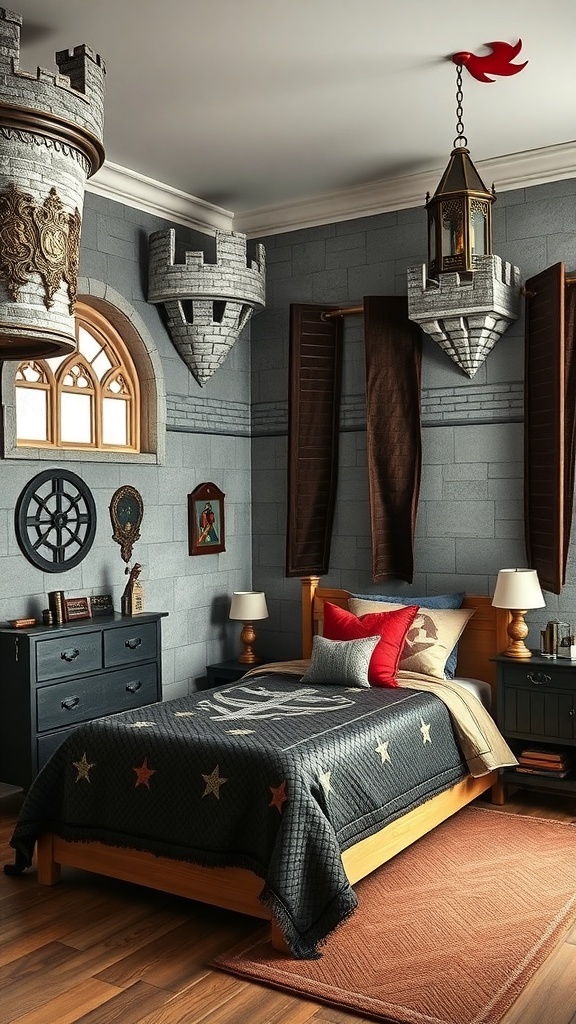 A boy's bedroom designed like a fantasy castle with knightly decor.