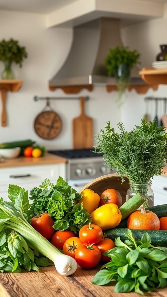 A variety of fresh vegetables and herbs displayed on a wooden countertop in a farmhouse kitchen.