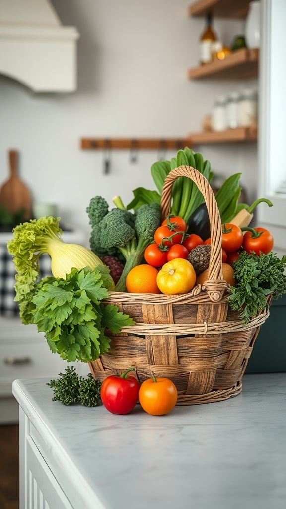 A basket filled with fresh vegetables and fruits on a kitchen countertop.
