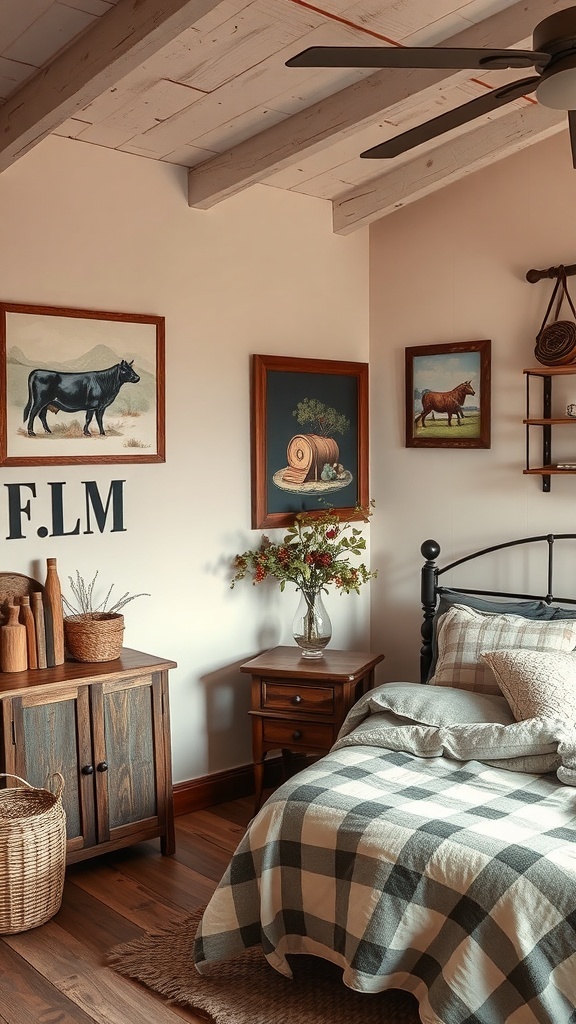 A rustic farmhouse bedroom featuring farm-inspired artwork and wall hangings.