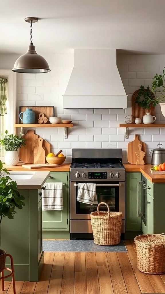 A cozy farmhouse kitchen with green cabinets, wooden shelves, and natural decor.