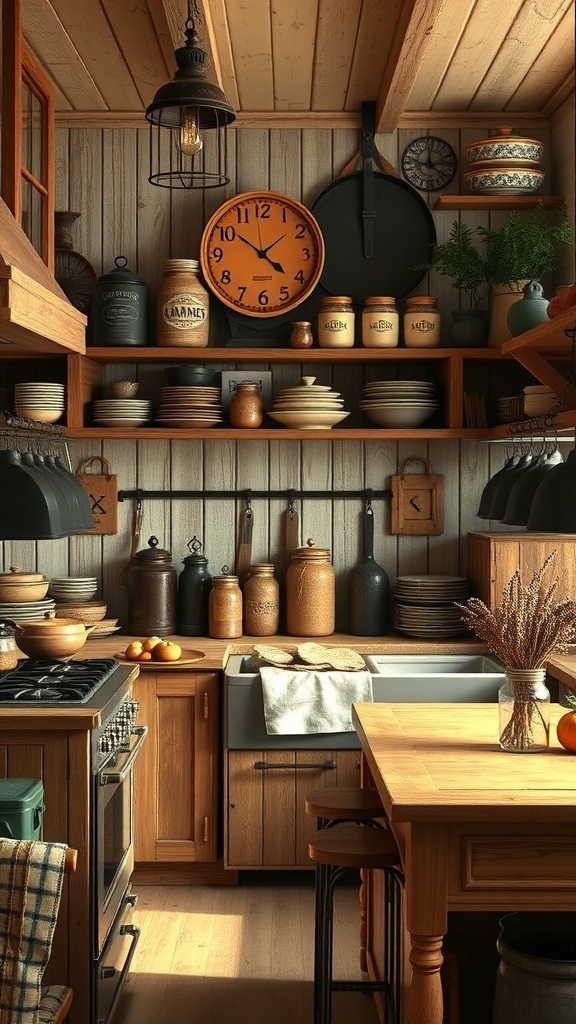 A cozy farmhouse kitchen with open shelving, vintage decor, and warm wooden accents.