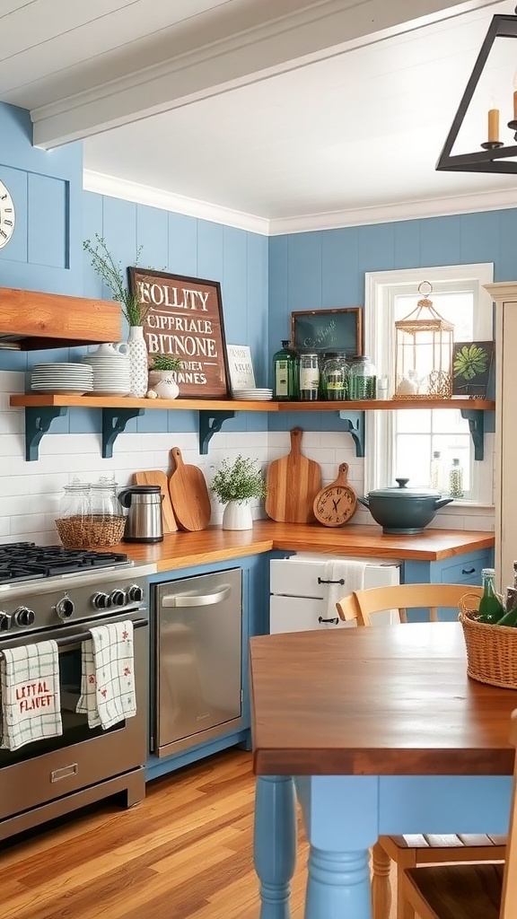 A cozy blue farmhouse kitchen featuring wooden countertops, rustic decor, and fresh flowers.