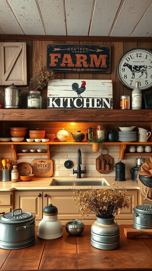 A rustic kitchen with wooden shelves, vintage jars, and farm-inspired decor.