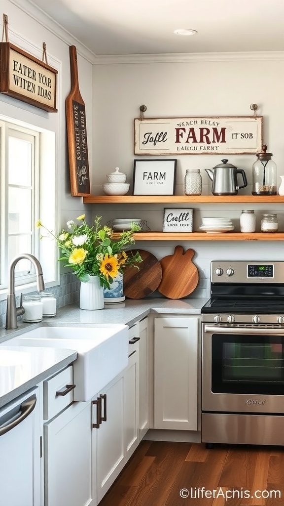 A modern farmhouse kitchen with open shelves displaying rustic decor, wooden cutting boards, and sunflowers.