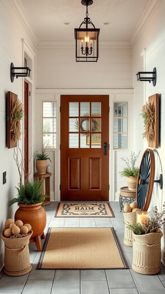 A rustic entryway featuring wooden door, woven baskets, and plants.