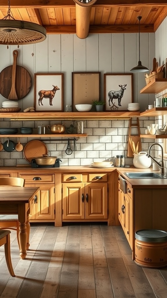 A rustic kitchen featuring wooden cabinets, a farmhouse table, and farm-themed decor.