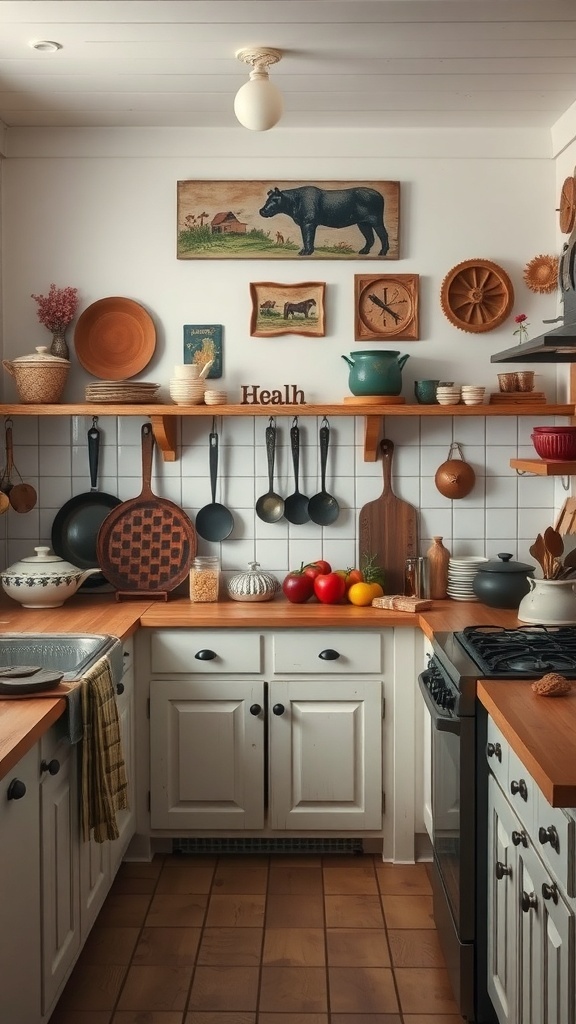 A rustic farmhouse kitchen with wooden shelves, vintage decor, and colorful fruits.