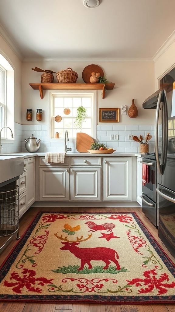 A cozy farmhouse kitchen with a decorative rug featuring a deer and a rooster.