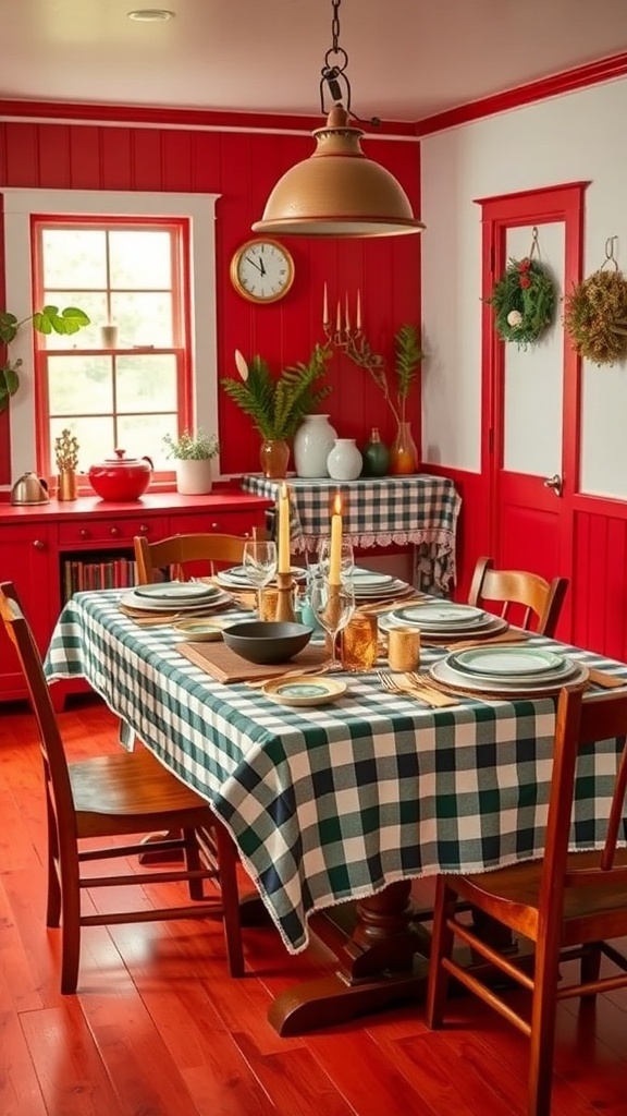 A red farmhouse kitchen with a checkered tablecloth, simple dishware, and candles on the dining table.