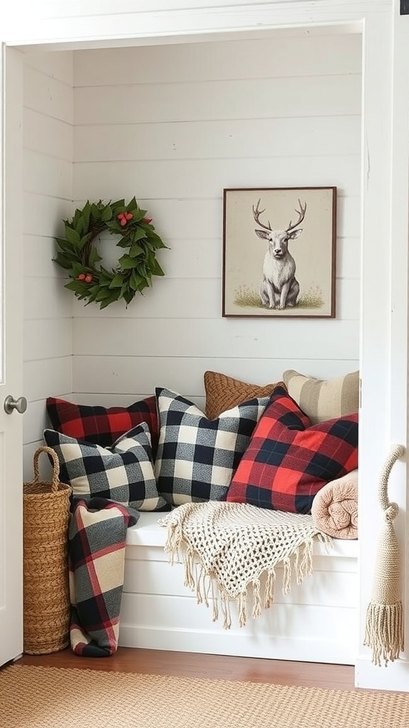Cozy nook with plaid pillows, a knitted blanket, and a wreath on the wall.