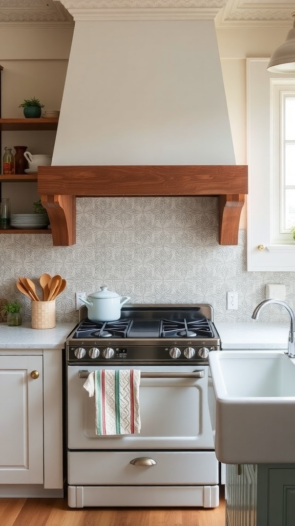 A farmhouse kitchen featuring a stove, sink, and decorative tin panel backsplash.